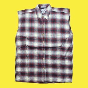 Vintage 90s GOOUCH sleeveless button down plaid‎ flannel-like shirt